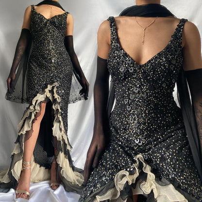 Black shiny elegant ruffle tulle long sequined ball gown prom dress evening gown gh3141