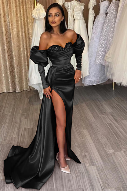 Gorgeous Red evening dress prom dress Off-the-shoulder Half-sleeves Bubble Sleeves with Sequins Slit