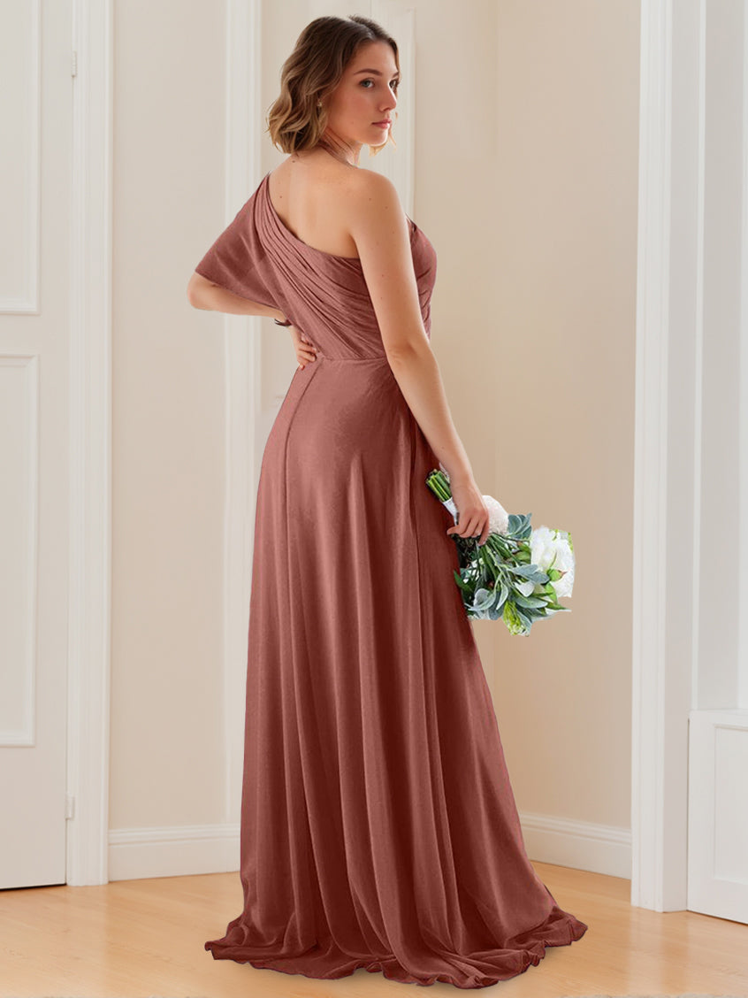 A Line/Princess One-Shoulder Floor-Length Bridesmaid Dresses with Split Side