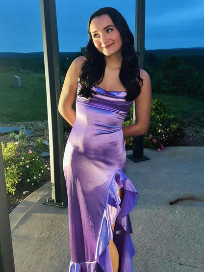 Calivia | Lavender Mermaid Straps Cowl Neck Satin Long Prom Dress