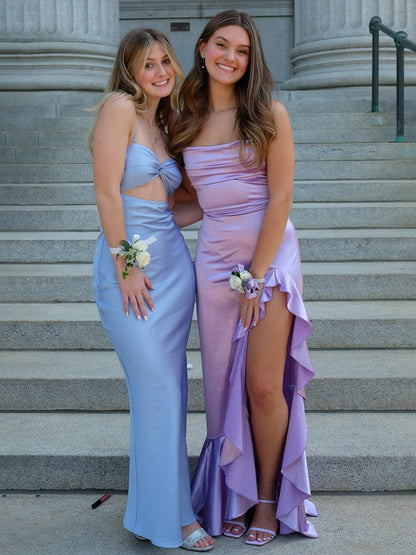 Calivia | Lavender Mermaid Straps Cowl Neck Satin Long Prom Dress