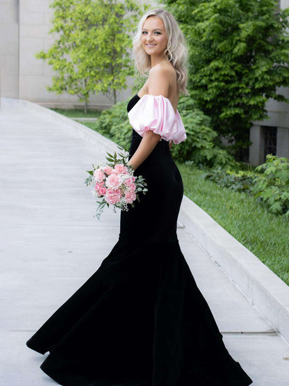 Calix | Black Mermaid Velvet Long Prom Dress with Detachable Sleeves