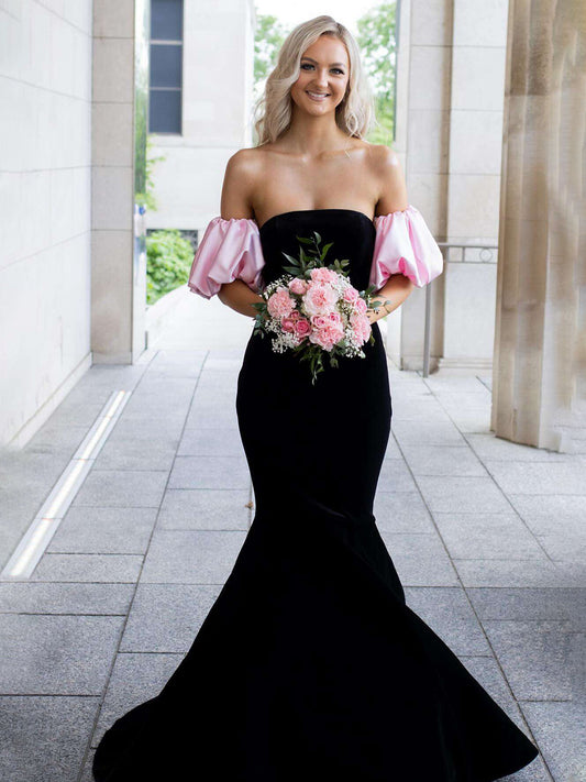 Calix | Black Mermaid Velvet Long Prom Dress with Detachable Sleeves