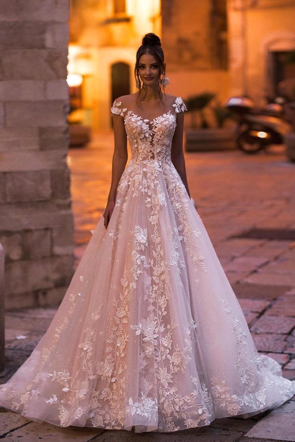 Cap sleeves Lace Sweetheart A-line Lace Flowers Wedding Dresses