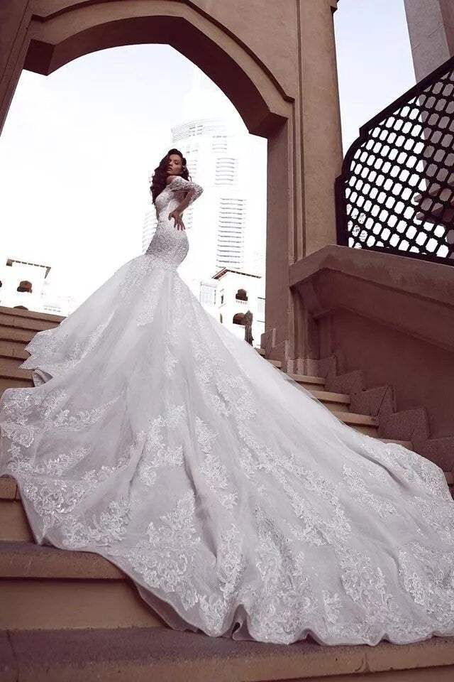 Cap sleeves Mermaid Long Train White Wedding Dresses Online