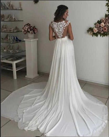 Cap sleeves V neck Chiffon Front split Court Train Wedding Dress