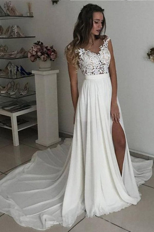 Cap sleeves V neck Chiffon Front split Court Train Wedding Dress