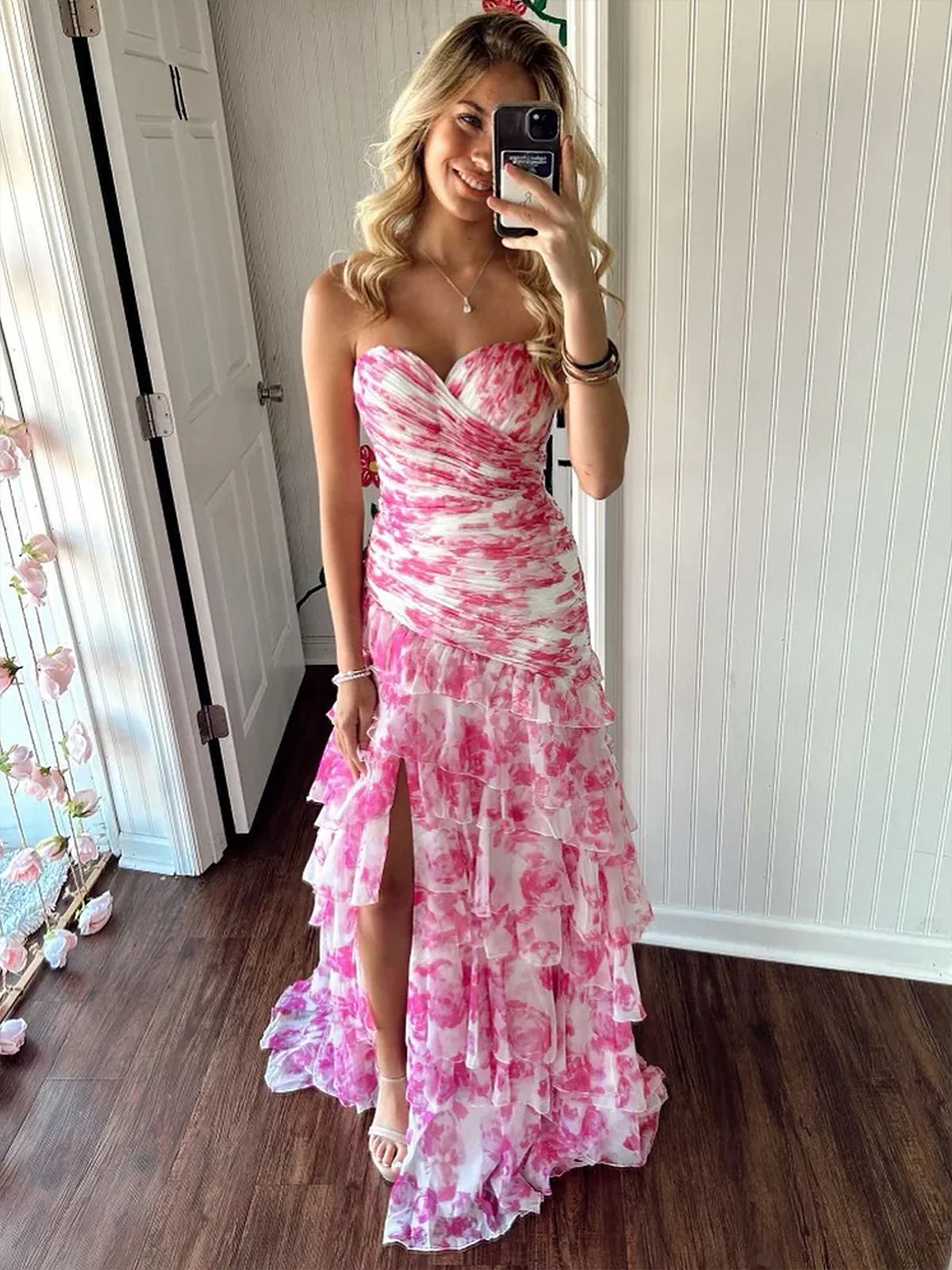 Cassian | Mermaid Sweetheart Printed Chiffon Long Prom Dresses with Slit