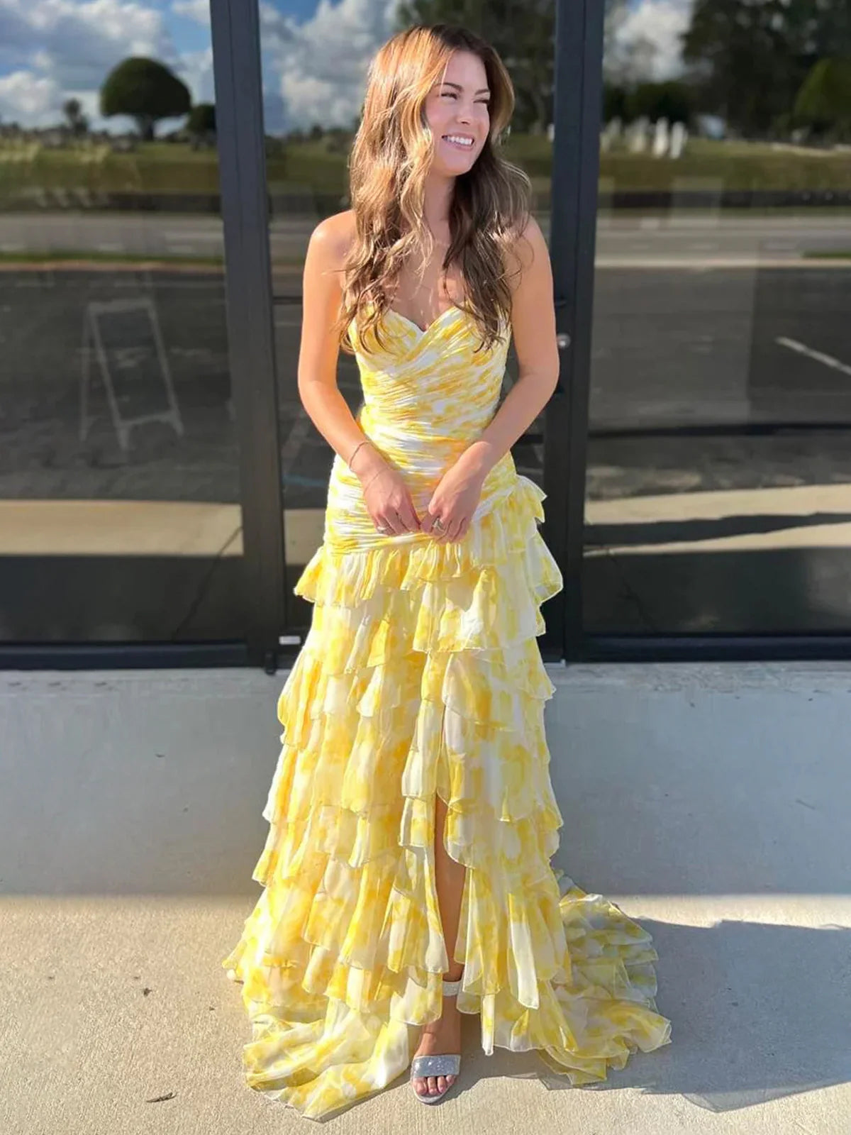 Cassian | Mermaid Sweetheart Printed Chiffon Long Prom Dresses with Slit