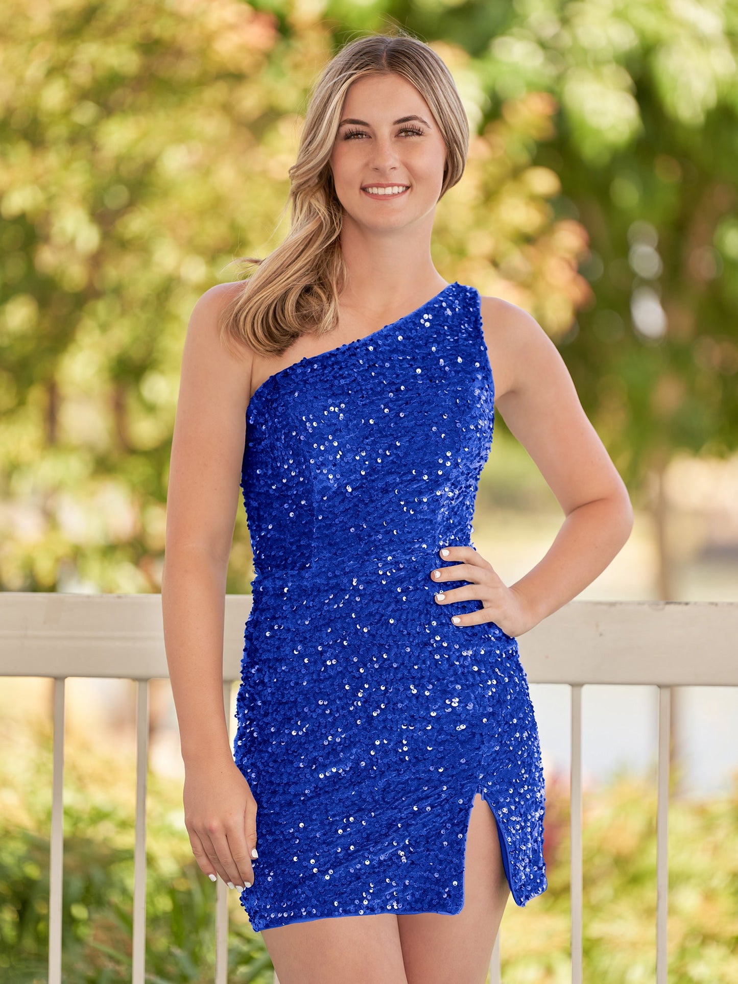 Cate | Sheath One Shoulder Blue Sequin Homecoming Dress With Slit