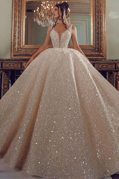 Cathedral wedding dress V Neck Aline Sequined Bridal Gowns Sleevelss