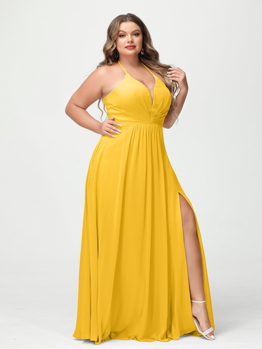 A-Line/Princess Halter Sleeveless Floor-Length Plus Size Bridesmaid Dresses with Pockets & Split Side