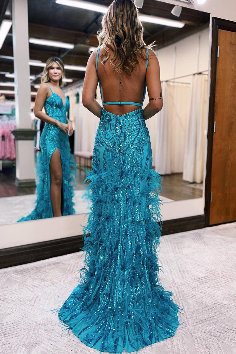 Sonia | Jade Sequin Lace V Neck Mermaid Prom Dresses with Slit