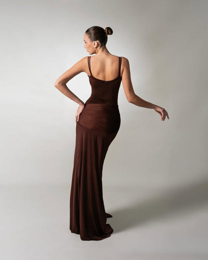 Chocolate Spaghetti-Straps Split Pleated Summer Prom Dress ZT0634