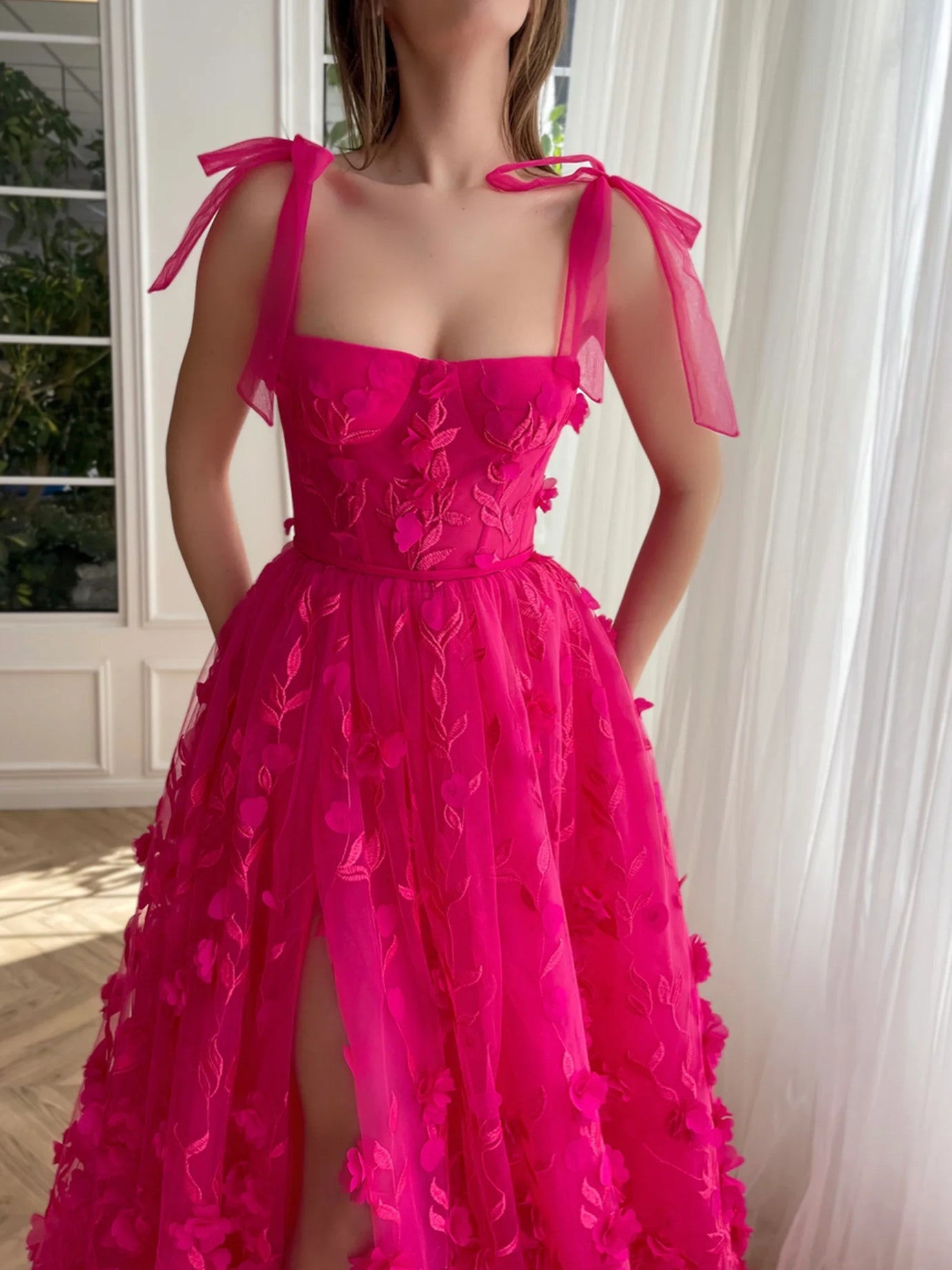 A-Line/Princess Spaghetti Straps Long Prom Floral Dresses With Split Side