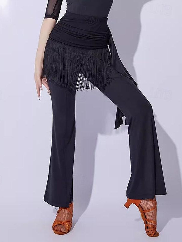 Latin Dance Ballroom Dance Pants Tassel Pure Color Splicing Women's Performance Training Milk Fiber