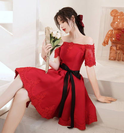 Red satin lace short prom dress red homecoming dress  8960