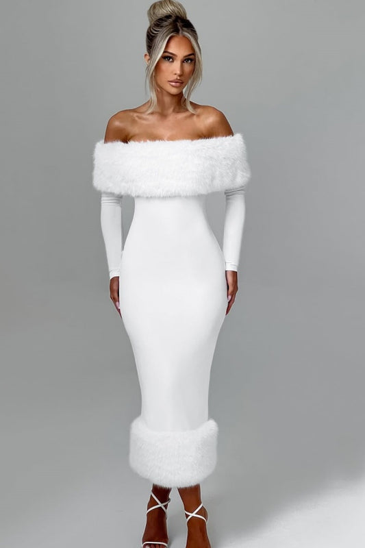 White Strapless Slim Fit Long Sleeves Prom Dress With Fur Collar ZT0338