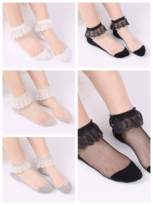 5 Pcs Women's Wedding Work Holiday Lace Polyester Sexy Lolita Vintage Retro Cute Anckle Socks Low Cut Socks