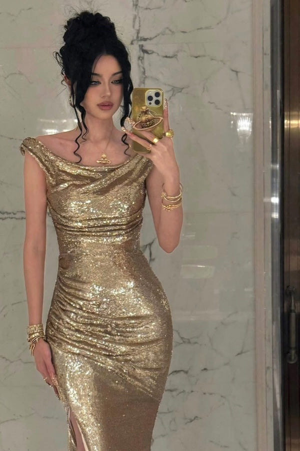 Champagne Solid Sequins Split Prom Dress ZT0500