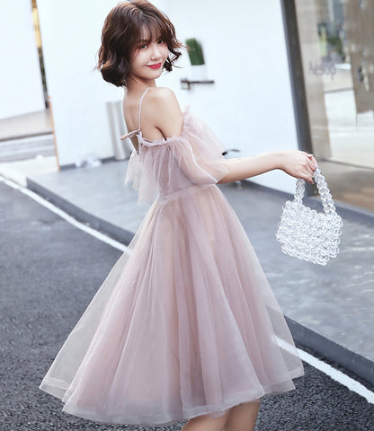 Pink tulle lace short prom dress homecoming dress  8851