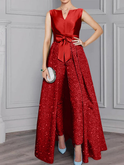 2 Pieces Scoop Long Sleeves Mother of the Bride Pantsuits with Sash & Sequins