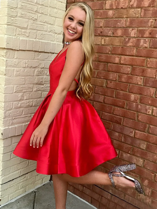 A Line V Neck Short Red Prom Dresses, Short Red Backless Formal Homecoming Dresses gh1623