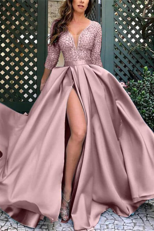 edgynewlook Elegant Deep V Neck 3/4 Sleeves Satin Prom Dress Long Split with Lace