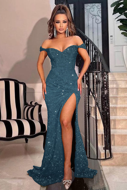 Red Off-The-Shoulder Sweetheart Sequins Mermaid Prom Dress With Split PD0908