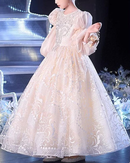 3/4 Sleeves Floor Length Round Neck Lace Girl Party Dress with Rhinestone Appliques