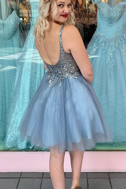 A-line Misty Blue Appliques Short Homecoming Dress gh1500