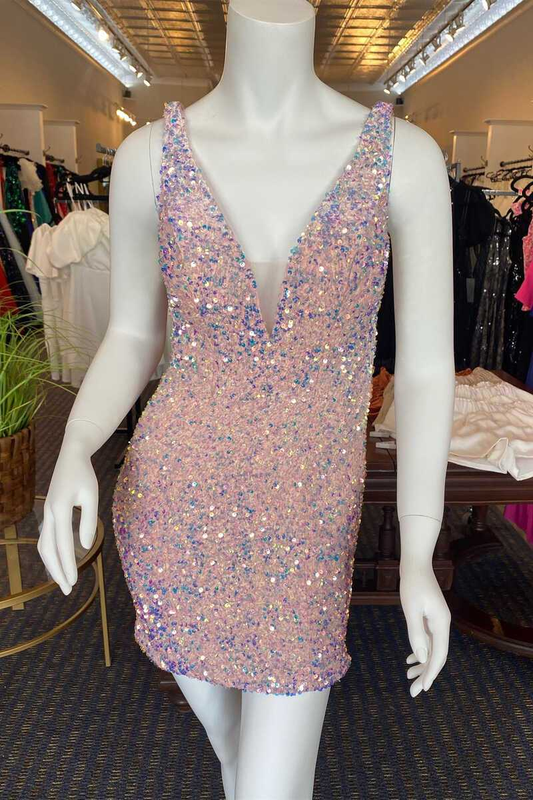 Purple Sequins Plunge Mini Homecoming Dress gh1448