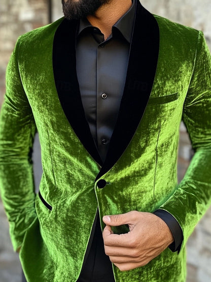 Green Men's Velvet Solid Colored Standard Fit Single Breasted One-button Blazer Jacket