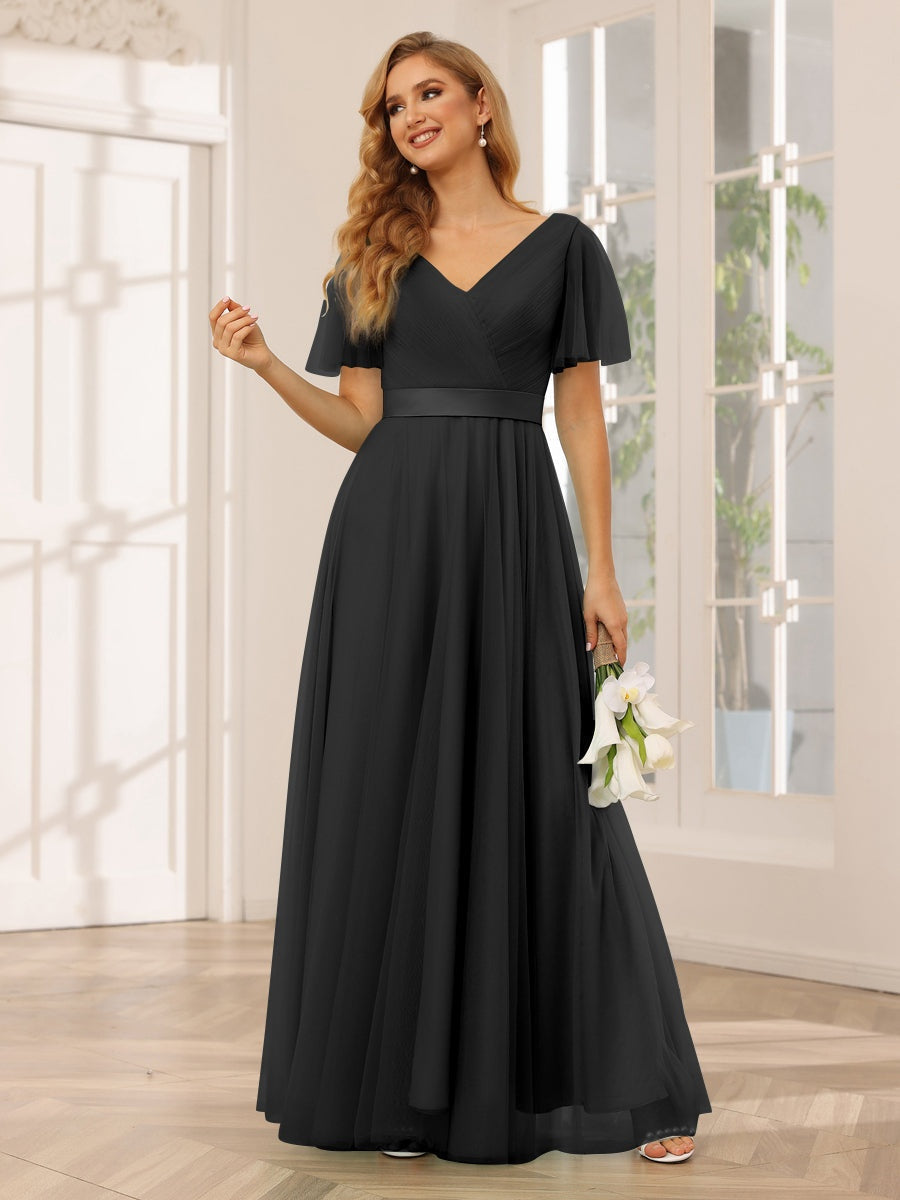 A-Line/Princess V-Neck Short Sleeves Floor-Length Long Bridesmaid Dresses with Lace