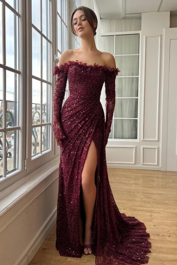 edgynewlook Burgundy Strapless Long Sleeves Lace Prom Dress with Sequins