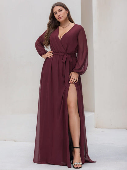 A-Line/Princess V-Neck Long Sleeves Floor-Length Plus Size Bridesmaid Dresses with Pleated