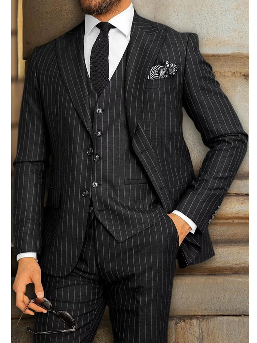 Black Men's Peak Single Breasted Two-Buttons Wedding Party Striped Suits