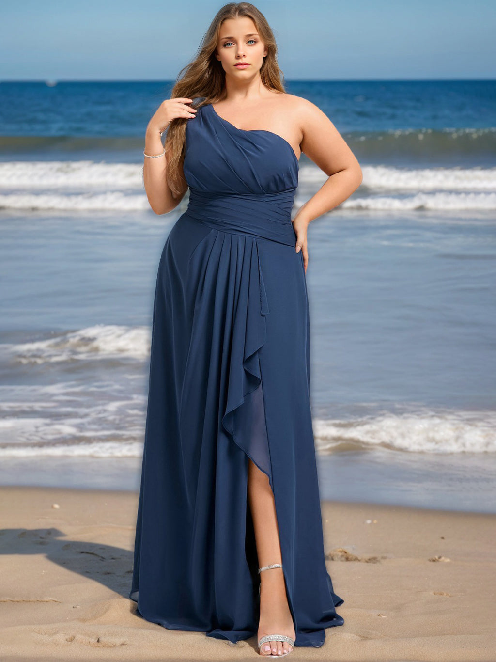 A-Line/Princess One-Shoulder Sleeveless Floor-Length Plus Size Bridesmaid Dress With Ruffles