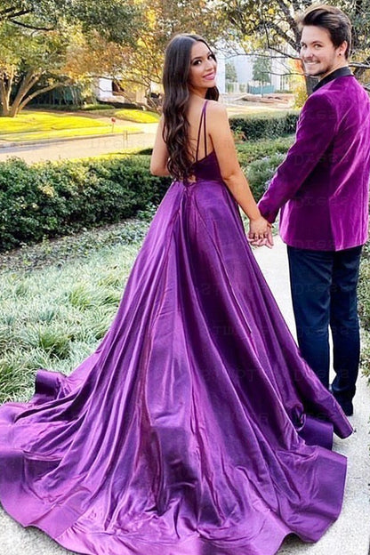 Spaghetti-Straps Purple Prom Dress V-Neck PD0485