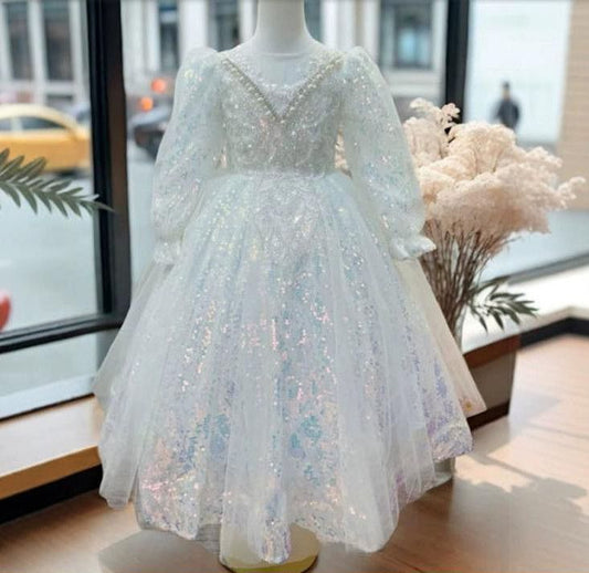 A-Line/Princess Long Sleeves Beading Round Neck Girl Party Dress with Rhinestone