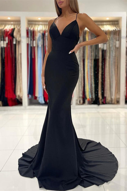 Black Spaghetti-Straps Charmeuse Mermaid Long Prom Dress  PD0679