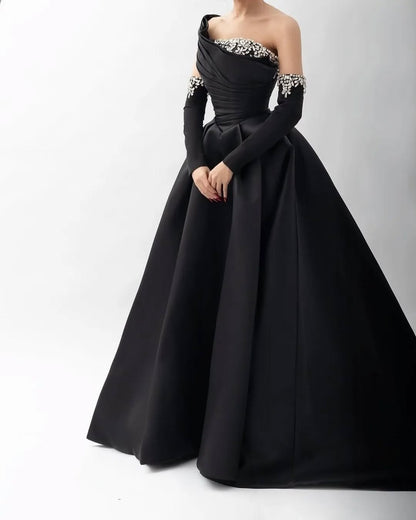 Black Beaded One-Shoulder Long Prom Dress With Rhinestones Sleeves ZT0474