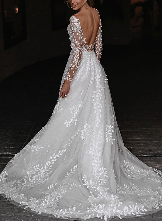 A-Line/Princess V-Neck Floor-length Wedding Dress