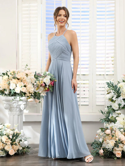 A-Line/Princess Halter Sleeveless Floor-Length Chiffon Bridesmaid Dresses with Ruched