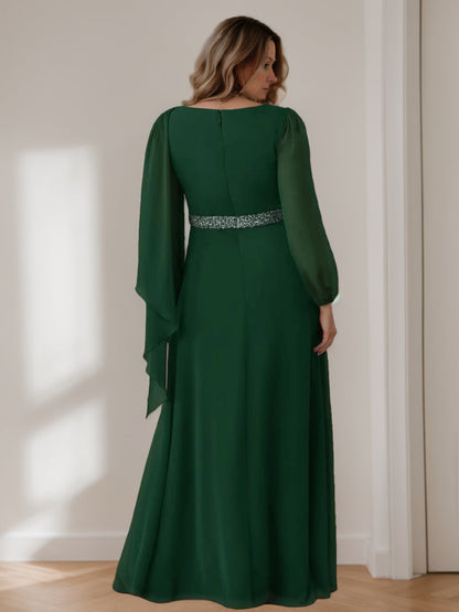 A-Line/Princess Scoop Long Sleeves Floor-Length Plus Size Mother of the Bride Dresses with Beaded, Pleated & Cascading Ruffles