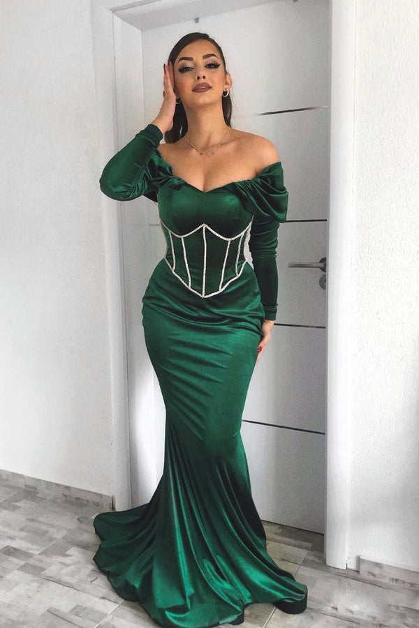 Prom Dress Off-The-Shoulder Green Long Sleeves Mermaid ED0618