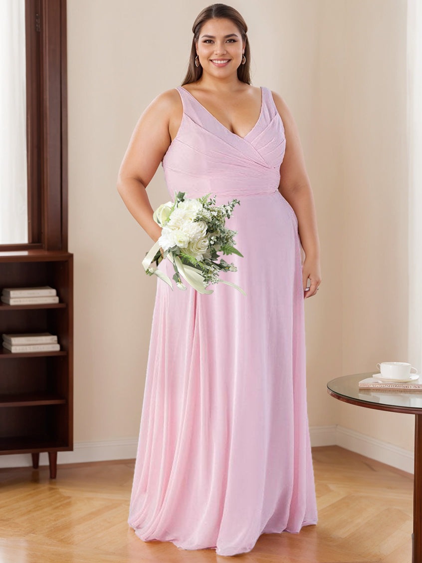 A Line/Princess V-Neck Sleeveless Floor-Length Bridesmaid Dresses with Ruffles