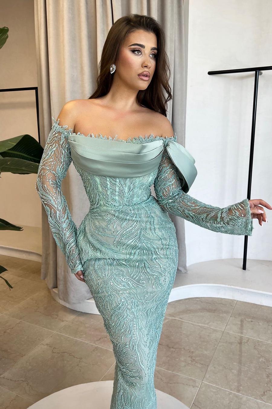 edgynewlook Exquisite Applique Long Sleeves Off the shoulder Mermaid Prom Dress with Pleated