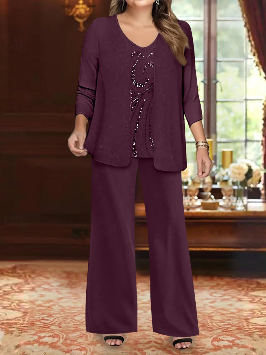 Chiffon V-Neck Floor-Length 3 Pieces Plus Size Mother of the Bride Pantsuits with Jacket & Sequins