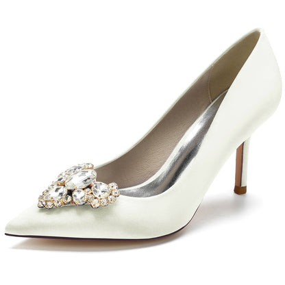 Women's Wedding Pointed Toe Elegant Stiletto Heel Bridal Shoes with Heart Rhinestones